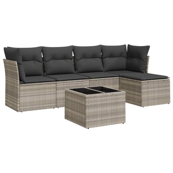 vidaXL 6-tlg. Garten-Sofagarnitur mit Kissen Hellgrau Poly Rattan
