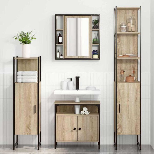 vidaXL Badezimmerm&ouml;bel-Set mit Regal 4 pcs Sonoma-Eiche Holzwerkstoff