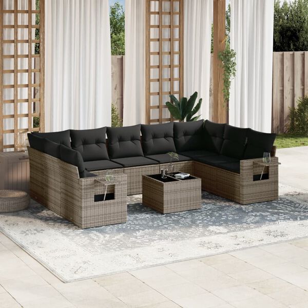 vidaXL 10-tlg. Garten-Sofagarnitur mit Kissen Grau Poly Rattan