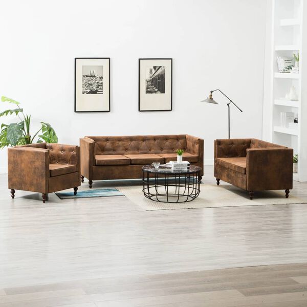 vidaXL Chesterfield Sofa-Set 3-tlg. Stoffpolsterung Braun Wildlederoptik
