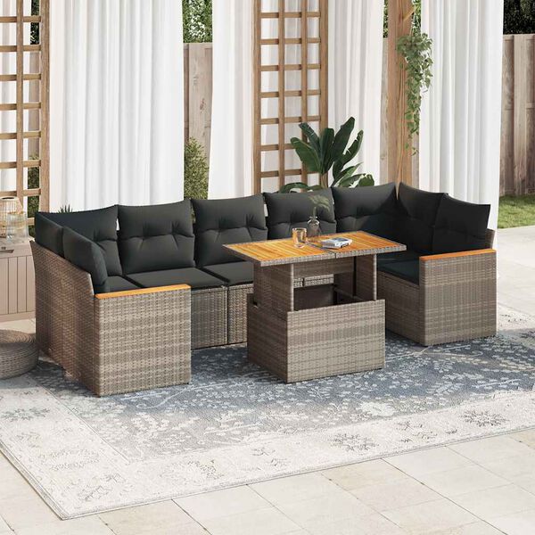 vidaXL 8-tlg. Garten-Sofagarnitur mit Kissen Grau Poly Rattan Akazie