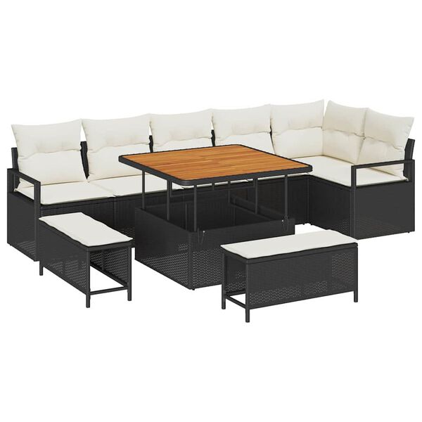 vidaXL Garten-Sofa-Set mit Kissen mit Speicher 9 pcs Schwarz und Creme