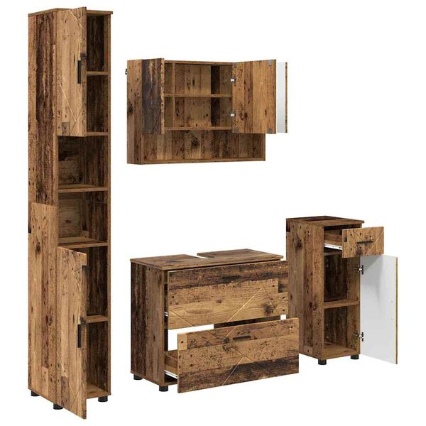 vidaXL Badezimmerm&ouml;bel-Set mit T&uuml;r 4 pcs Altholz Sperrholz und Metall