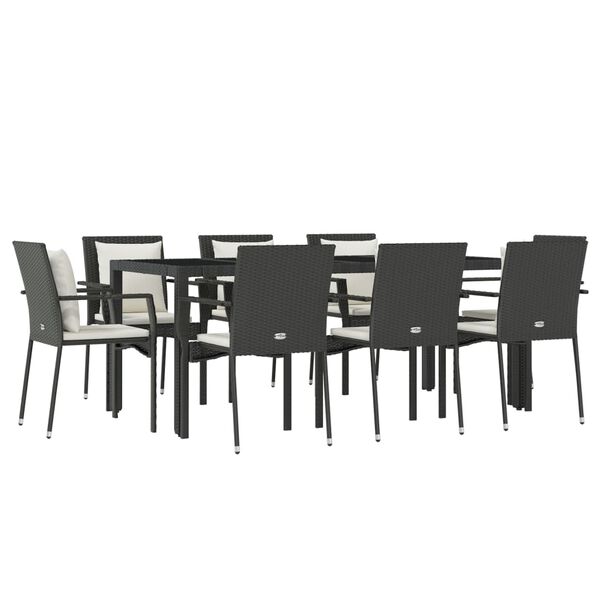 vidaXL 9-tlg. Garten-Essgruppe mit Kissen Schwarz Poly Rattan