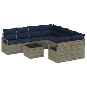 vidaXL Sofa Set mit Kissen 9 pcs Grau und Marineblau Poly Rattan