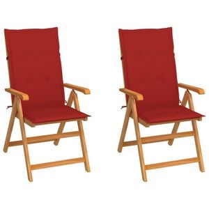 vidaXL Klappst&uuml;hle, 2 St&uuml;ck, mit roten Kissen, aus massivem Teakholz