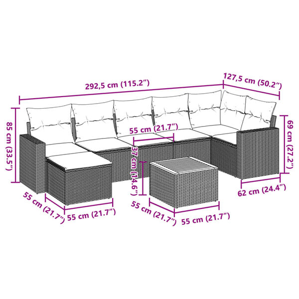 vidaXL 8-tlg. Garten-Sofagarnitur mit Kissen Beige Poly Rattan