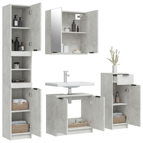 vidaXL 4-tlg. Badm&ouml;bel-Set Betongrau Holzwerkstoff