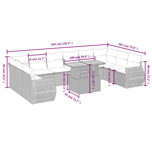 vidaXL 11-tlg. Garten-Sofagarnitur mit Kissen Beige Poly Rattan