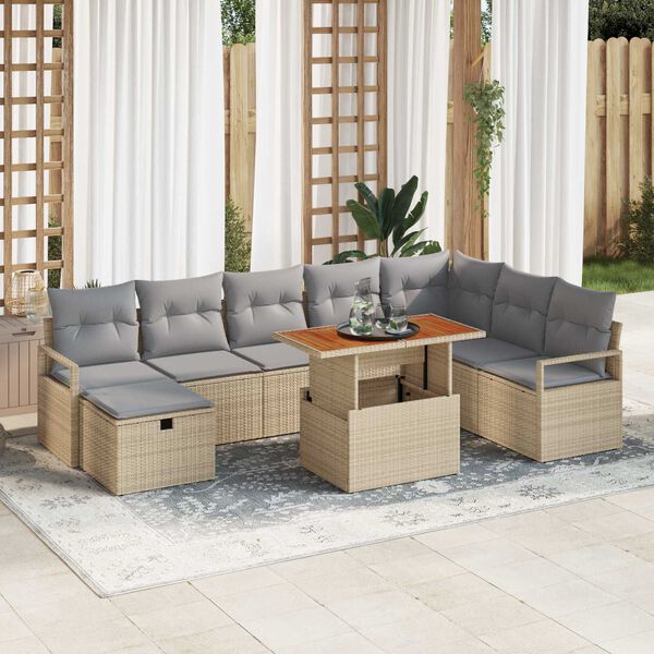 vidaXL Garten-Sofa-Set mit Kissen mit Speicher 9 pcs Beige Poly Rattan