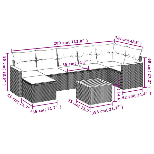 vidaXL 8-tlg. Garten-Sofagarnitur mit Kissen Schwarz Poly Rattan