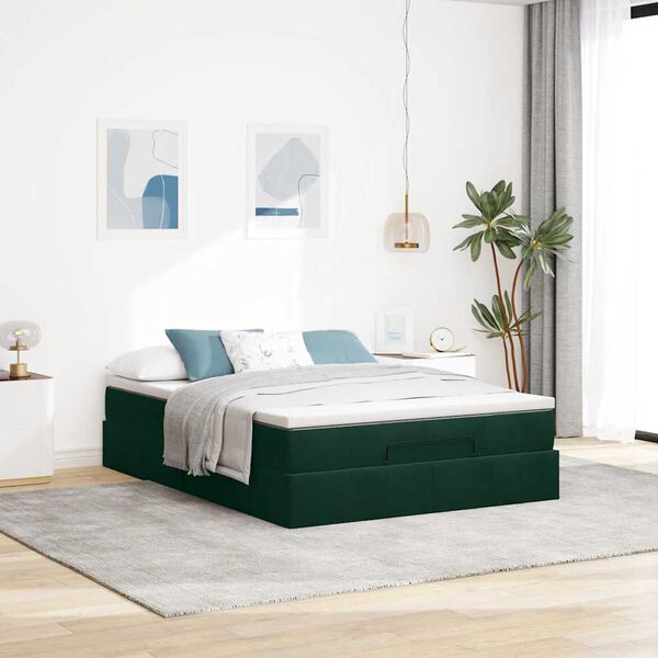 vidaXL Ottoman-Bett mit Matratze Dunkelgr&uuml;n 140x200 cm Samt