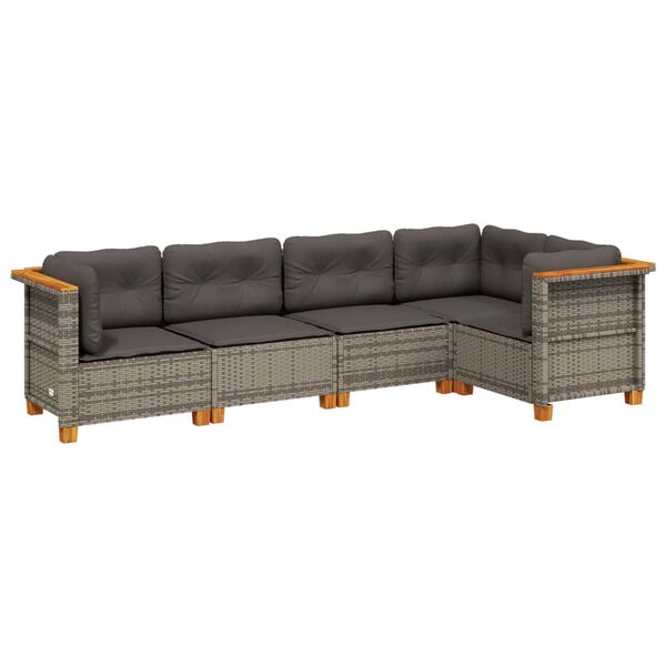 vidaXL 5-tlg. Garten-Sofagarnitur mit Kissen Grau Poly Rattan