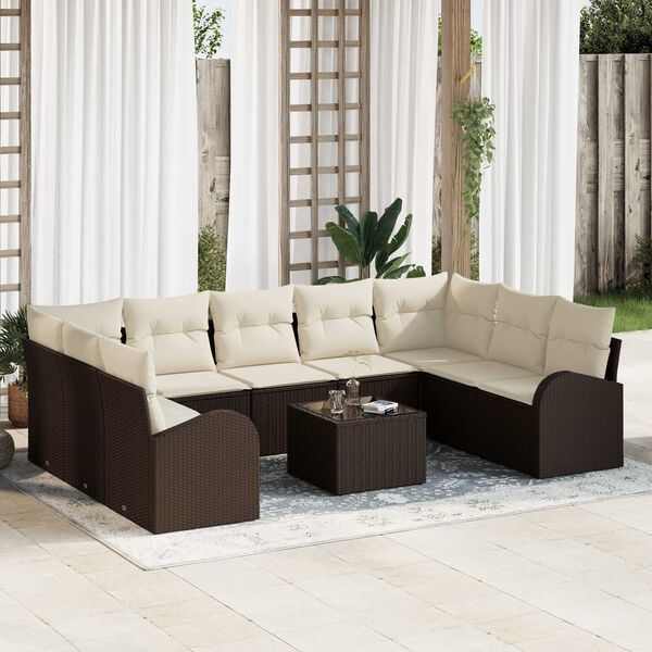 vidaXL Sofa Set mit Kissen 10 pcs Braun und Weiß Poly-Rattan