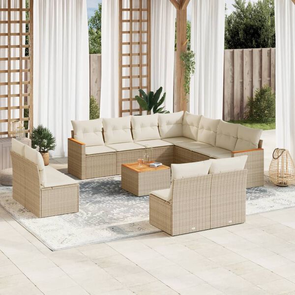 vidaXL 12-tlg. Garten-Sofagarnitur mit Kissen Beige Poly Rattan