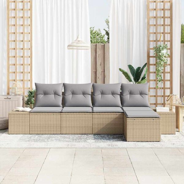 vidaXL Garten-Sofa-Set mit Kissen 5 pcs Beige und Hellgrau Poly-Rattan