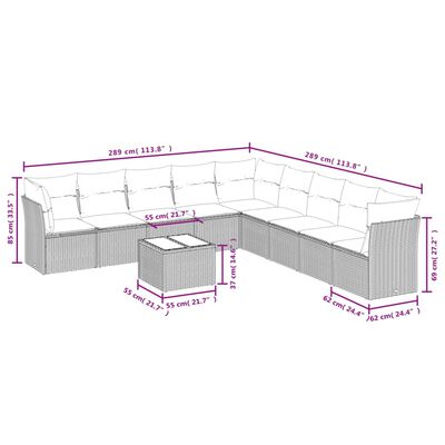 vidaXL 10-tlg. Garten-Sofagarnitur mit Kissen Grau Poly Rattan