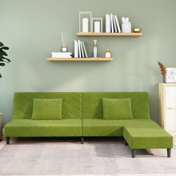 vidaXL Schlafsofa 2-Sitzer mit 2 Kissen und Fu&szlig;hocker Hellgr&uuml;n Samt