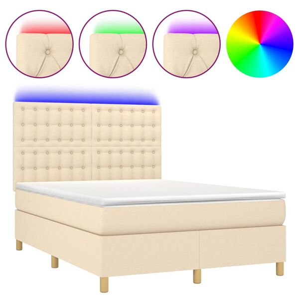 vidaXL Boxspringbett mit Matratze & LED Creme 140x190 cm Stoff