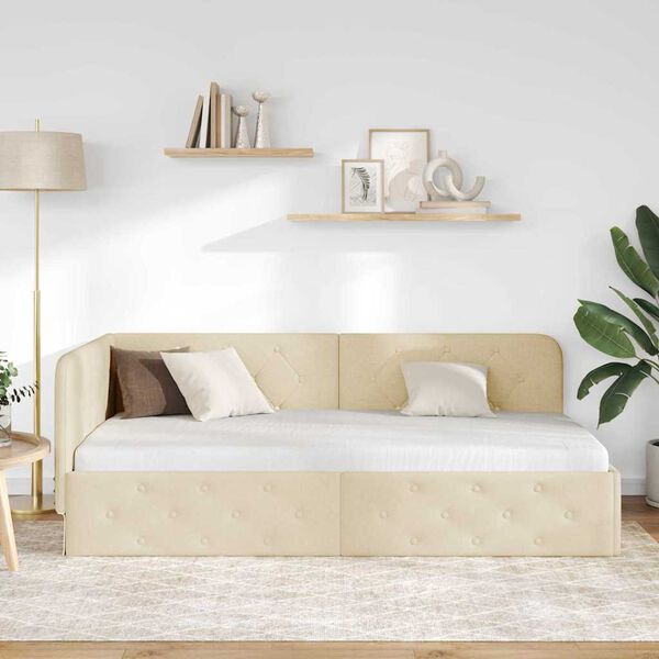 vidaXL Eckbettgestell mit Kopfteil Creme 100 x 200 cm Stoff