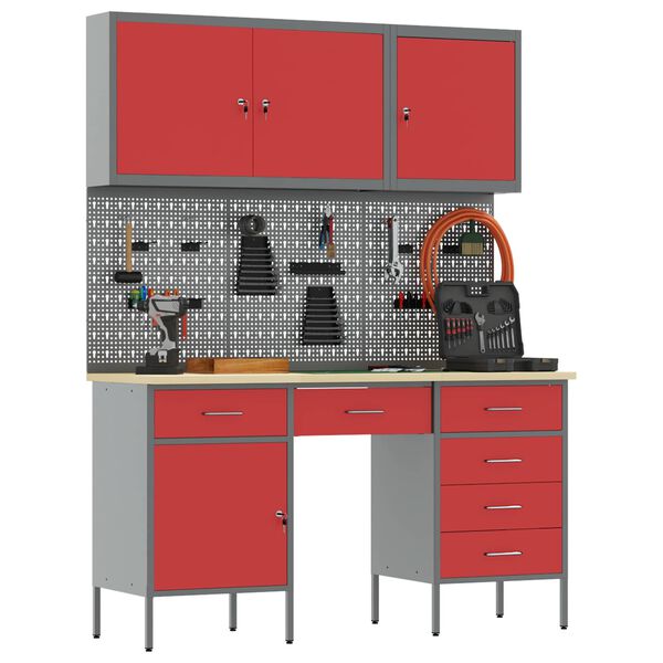 vidaXL Werkbank mit Schubladen 8 pcs Rot Ingenieure Holz und Stahl