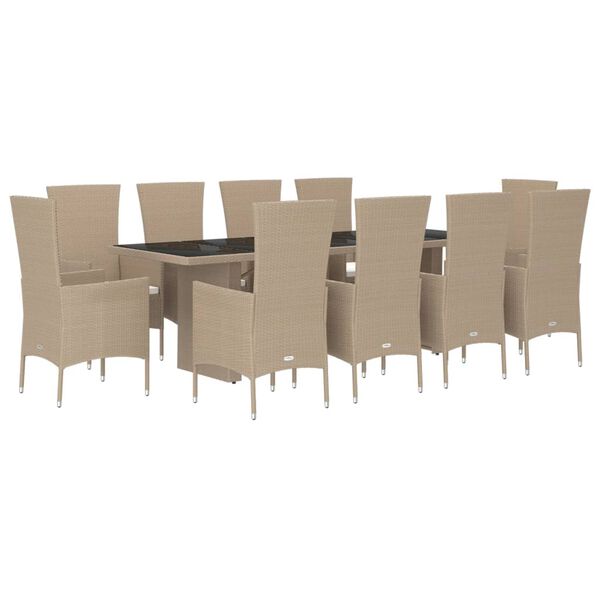 vidaXL 11-tlg. Garten-Essgruppe mit Kissen Beige Poly Rattan