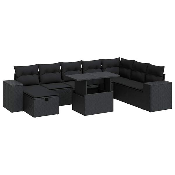 vidaXL 9-tlg. Garten-Sofagarnitur mit Kissen Schwarz Poly Rattan