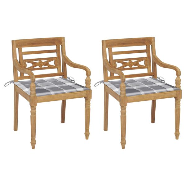 vidaXL Batavia-St&uuml;hle 2 Stk. Graue Karomuster-Kissen Teak Massivholz