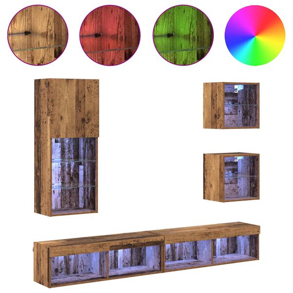 vidaXL TV Wand Einheiten mit LED 5 pcs Altholz Holzwerkstoff