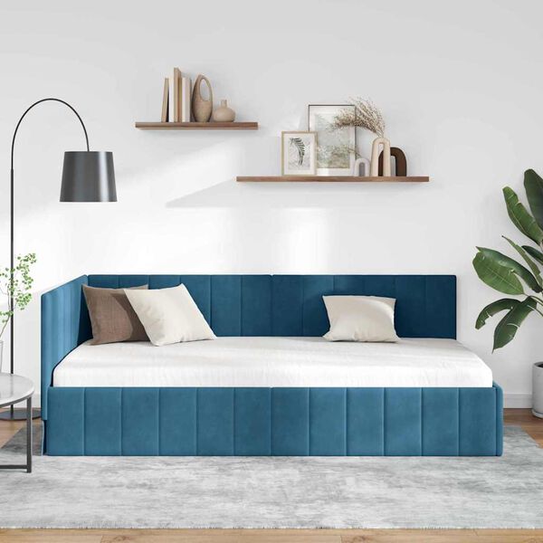 vidaXL Eckbettgestell mit Kopfteil Blau 100 cm x 200 cm Samt