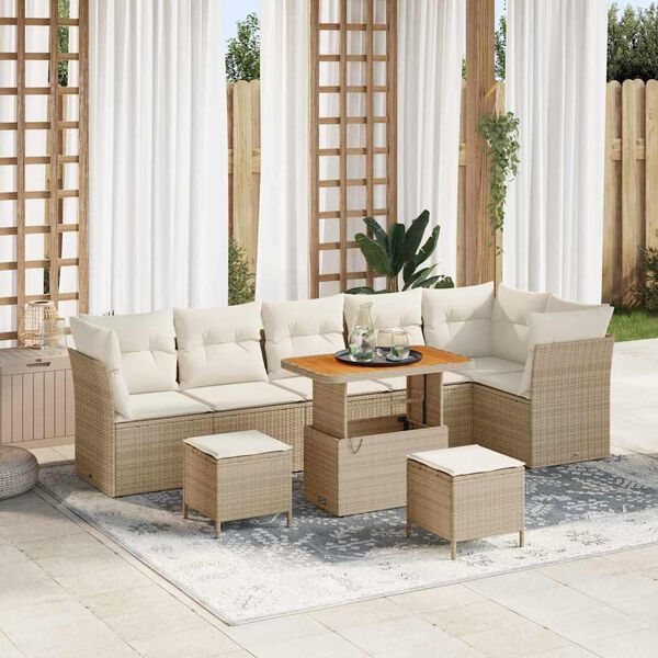 vidaXL Garten-Sofa-Set mit Kissen mit Speicher 9 pcs Beige und Creme