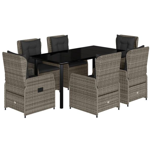 vidaXL 7-tlg. Garten-Essgruppe mit Kissen Grau Poly Rattan