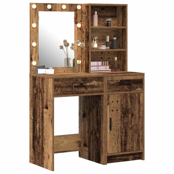 vidaXL Schminktischset mit LED mit Regal 2 pcs Altholz Holzwerkstoff