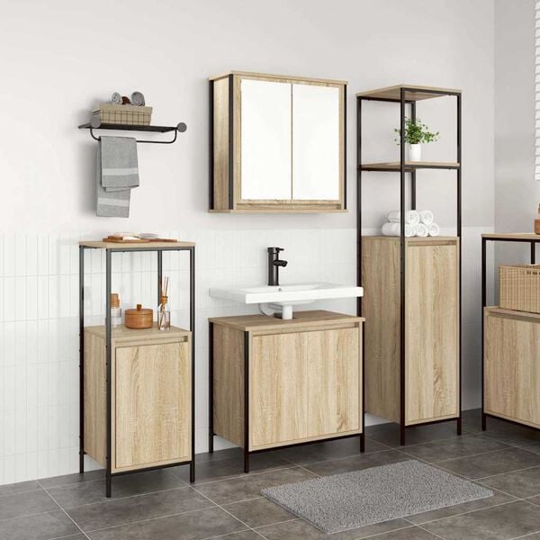 vidaXL Badezimmerm&ouml;bel-Set mit Regal 3 pcs Sonoma Eiche und Schwarz
