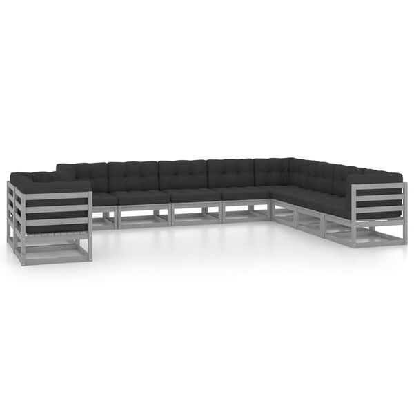 vidaXL 10-tlg. Garten-Lounge-Set mit Kissen Grau Massivholz Kiefer