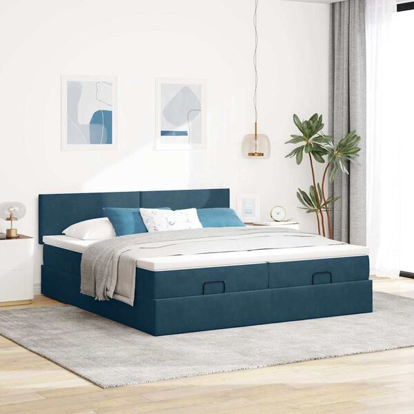 vidaXL Ottoman-Bett mit Matratzen & LEDs Dunkelblau 180x200 cm Samt