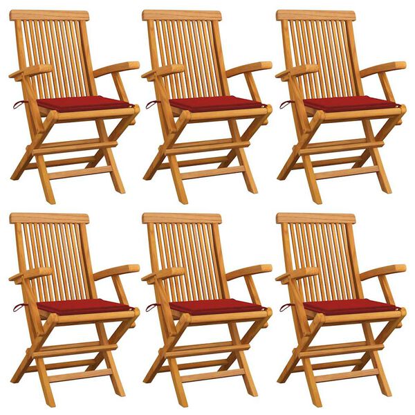 vidaXL Gartenst&uuml;hle mit Roten Kissen 6 Stk. Massivholz Teak