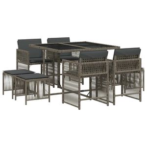 vidaXL 9-tlg. Garten-Essgruppe mit Kissen Grau Poly Rattan