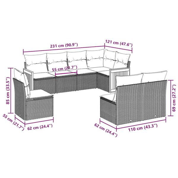 vidaXL 8-tlg. Garten-Sofagarnitur mit Kissen Schwarz Poly Rattan