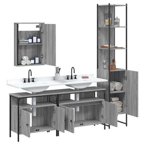 vidaXL 4-tlg. Badm&ouml;bel-Set Grau Sonoma Holzwerkstoff