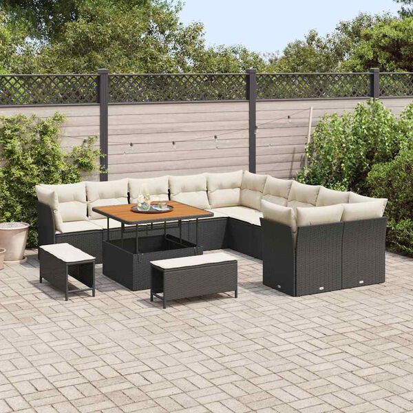 vidaXL Gartensofa-set mit Kissen 13 pcs Schwarz und Creme Poly-Rattan