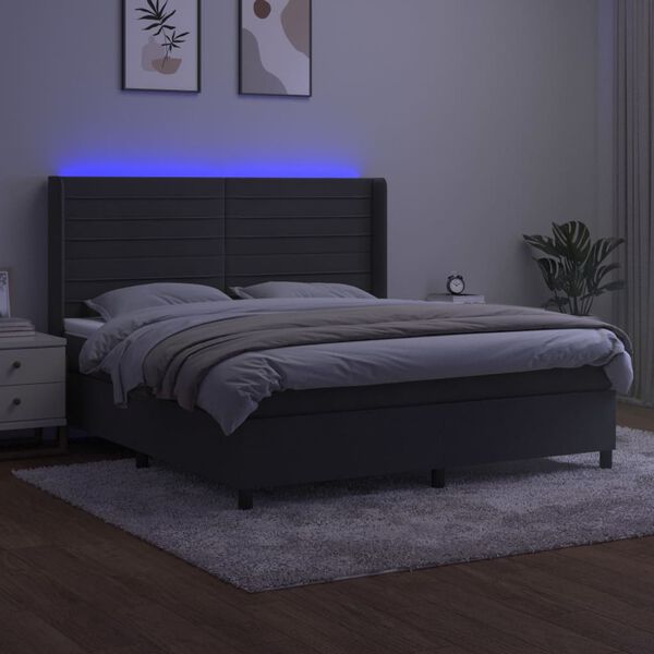 vidaXL Boxspringbett mit Matratze & LED Dunkelgrau 180x200 cm Samt