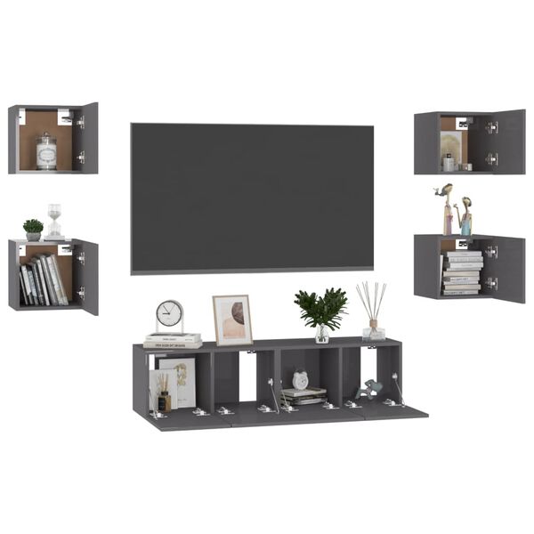 vidaXL 6-tlg. TV-Schrank-Set Hochglanz-Grau Holzwerkstoff