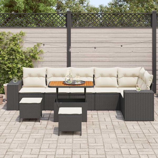 vidaXL Garten-Sofa-Set mit Kissen mit Speicher 9 pcs Schwarz und Creme