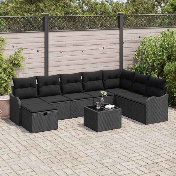 vidaXL Garten-Sofa-Set mit Kissen 9 pcs Schwarz Poly Rattan