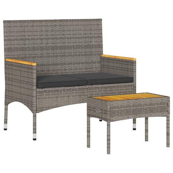 vidaXL Gartenbank 2-Sitzer mit Kissen und Tisch Grau Poly Rattan