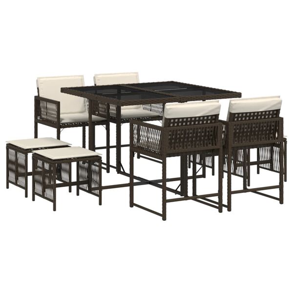 vidaXL 9-tlg. Garten-Essgruppe mit Kissen Braun Poly Rattan