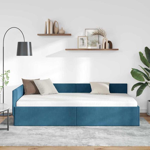 vidaXL Eckbettgestell Blau 100 cm x 200 cm SamtundSperrholz