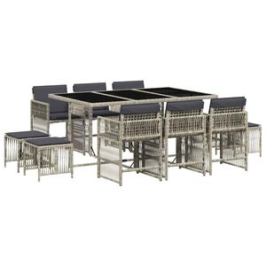 vidaXL 11-tlg. Garten-Essgruppe mit Kissen Hellgrau Poly Rattan