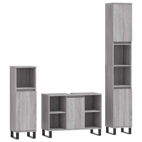 vidaXL 3-tlg. Badm&ouml;bel-Set Grau Sonoma Holzwerkstoff